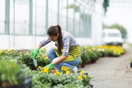 Landscape worker assessing a garden with paperwork
