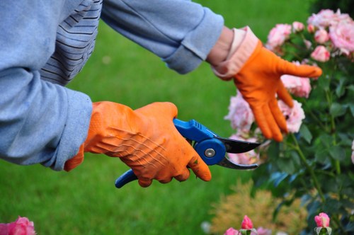 Gardener with tools and safety gear at start of site assessment