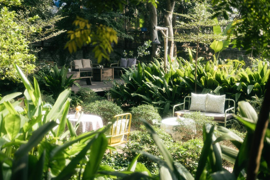 A lush, well-maintained garden featuring a variety of plants, shrubs, and trees creating a dense green backdrop. In the foreground, large leafed plants and smaller bushes surround a circular white tab